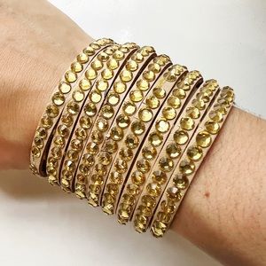 Vintage beige leather & gold rhinestone bracelet